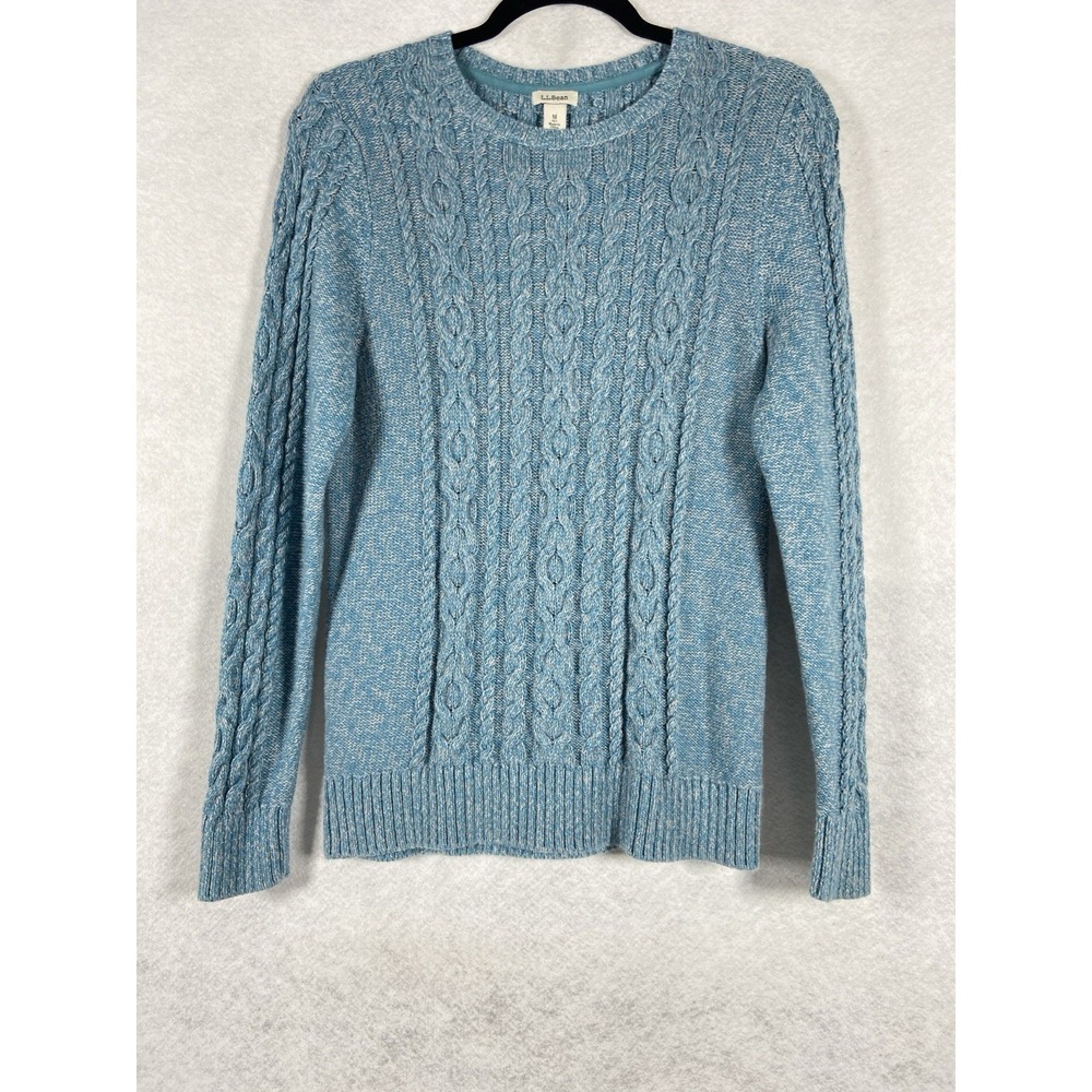 L.L. Bean Sweater Women's Petite MP Blue Cable Knit Crew Neck Cotton Long Sleeve
